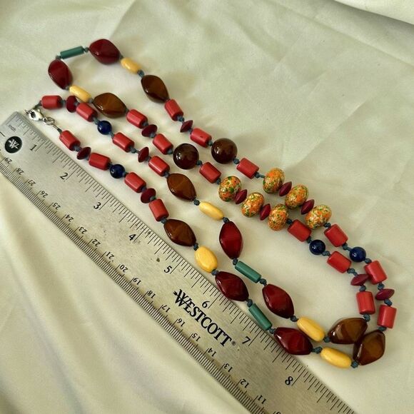Red orange and blue long beaded necklace - Picture 5 of 9
